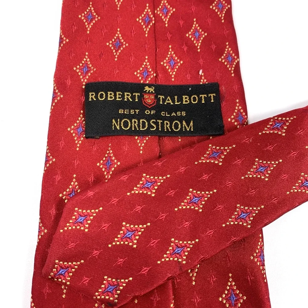 Robert Talbott Best of Class Mens Tie Red‎ w/ Gold-Blue Diamond Design 100% Silk